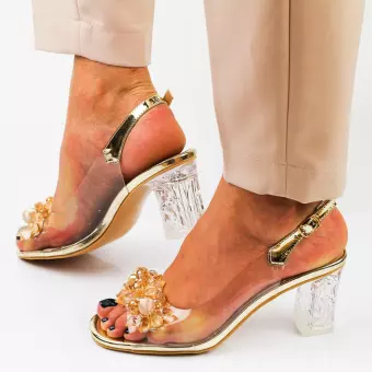 Złote silikonowe sandały damskie na słupku z kryształami, transparentn
