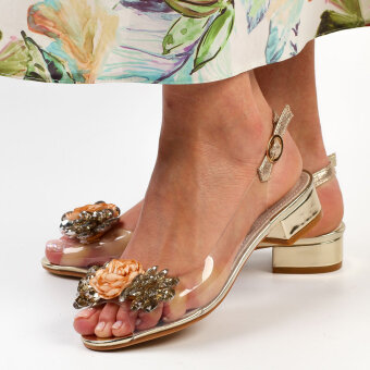Złote silikonowe sandały damskie na obcasie, transparentne SABATINA 380-10