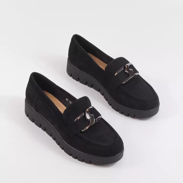Czarne zamszowe mokasyny damskie na platformie, loafersy SERGIO LEONE MK757
