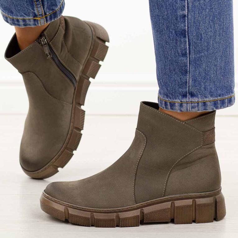 Szare skórzane Polskie botki damskie zimowe Gregors 1092