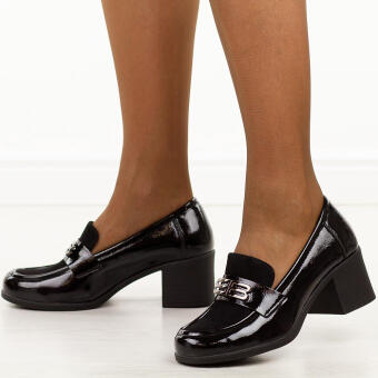 Czarne półbuty damskie na obcasie, mokasyny Potocki 12677