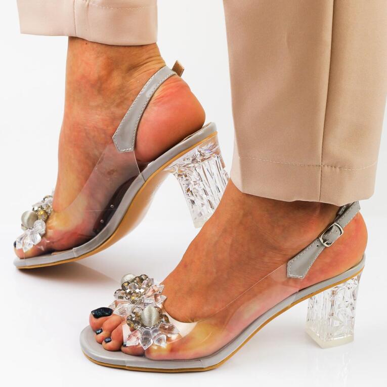 Szare silikonowe sandały damskie na słupku z kryształami, transparentne DiA MR-D1