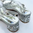 Srebrne przeźroczyste sandały damskie na obcasie z kryształami, transparentne SABATINA 660-5
