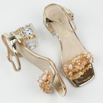 Złote silikonowe sandały damskie na obcasie z kryształami, transparentne Dia MR-B1