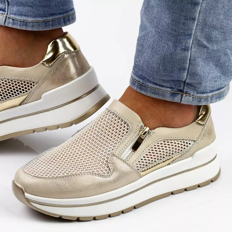 Złote skórzane sneakersy damskie S.BARSKI 29047