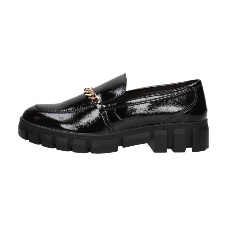 Czarne lakierowane mokasyny damskie na platformie, loafersy SERGIO LEONE MK755