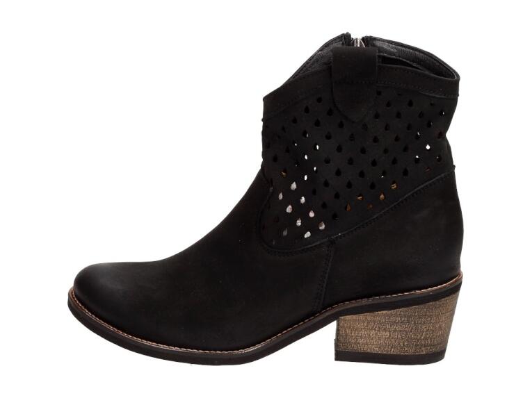 Czarne skórzane Polskie botki damskie, jesienne kowbojki ażurowe na obcasie Deoni Ko-03a Nub