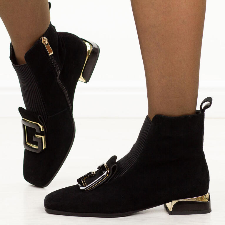 Czarne zamszowe skórzane botki damskie na obcasie DiA 52-217