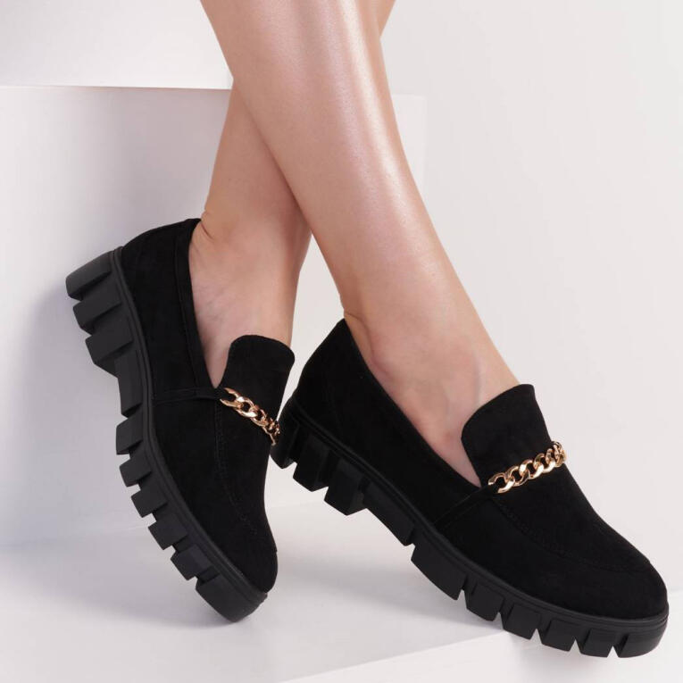 Czarne zamszowe mokasyny damskie na platformie, loafersy SERGIO LEONE MK755