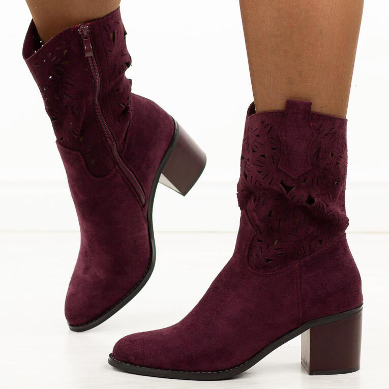 Bordowe zamszowe ażurowe botki damskie na obcasie M.Daszyński 2337-12