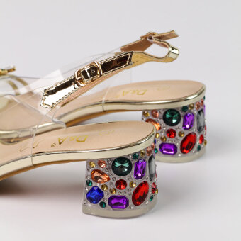 Złote silikonowe sandały damskie na obcasie z kryształami, transparentne DiA X1103