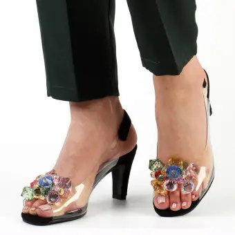 Czarne silikonowe sandały damskie na szpilce z kryształami, transparentne Sabatina 1014-b