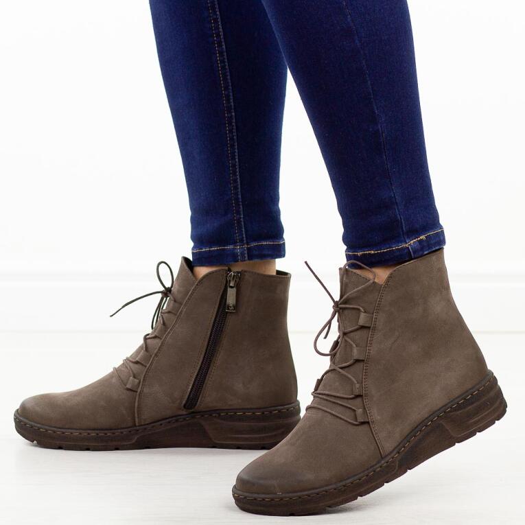 Brązowe nub. skórzane Polskie botki damskie zimowe Gregors 1093