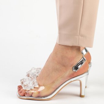Srebrne silikonowe sandały damskie na szpilce z kryształami, transparentne SABATINA 1014-B
