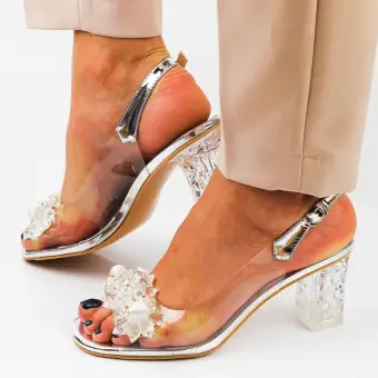 Srebrne silikonowe sandały damskie na słupku z kryształami, transparentne DiA Mr-d1