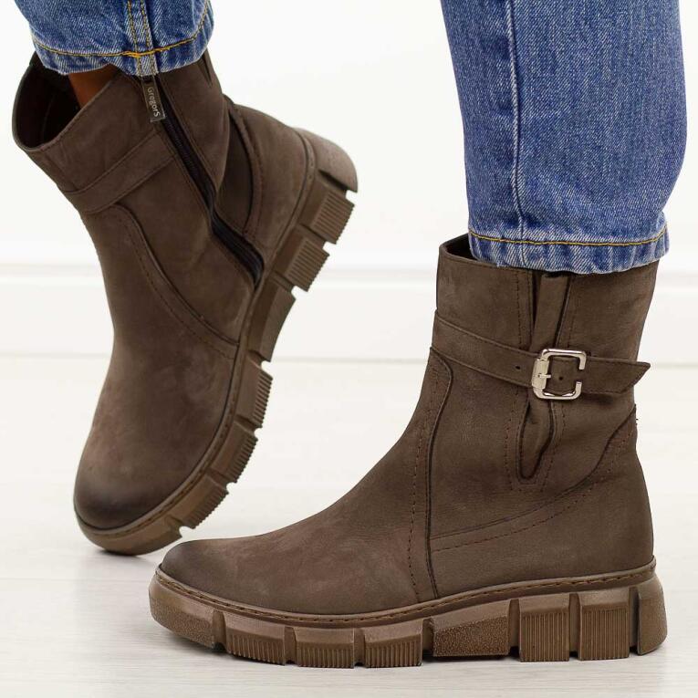 Brązowe skórzane Polskie botki damskie zimowe Gregors 1096