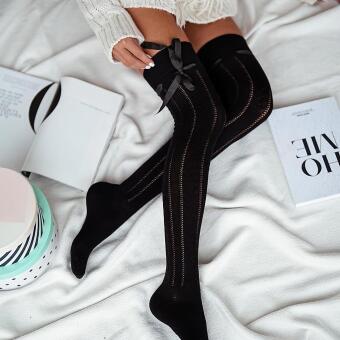 Czarne zakolanówki damskie 215 wstążka