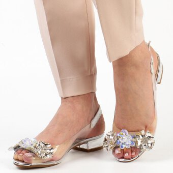 Srebrne silikonowe sandały damskie na obcasie, transparentne z kryształami SABATINA 380-8