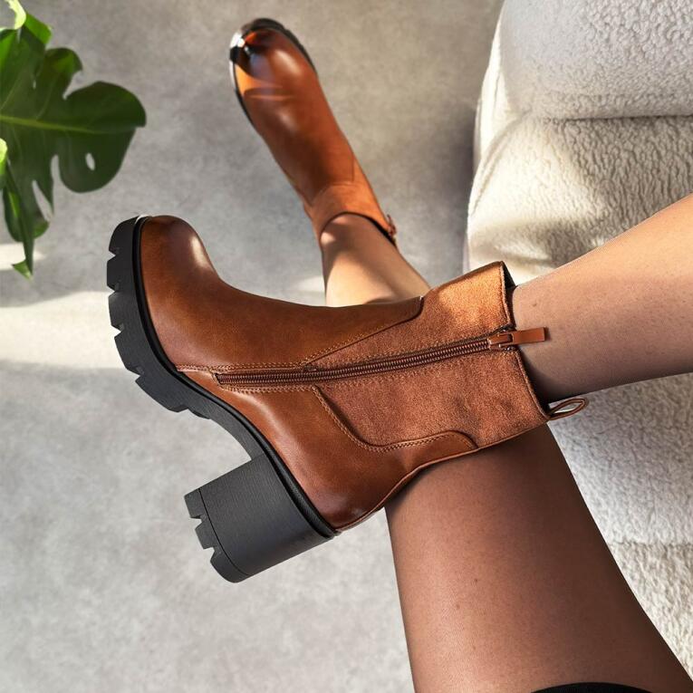 Camelowe botki damskie na obcasie M.Daszyński 23108A-14