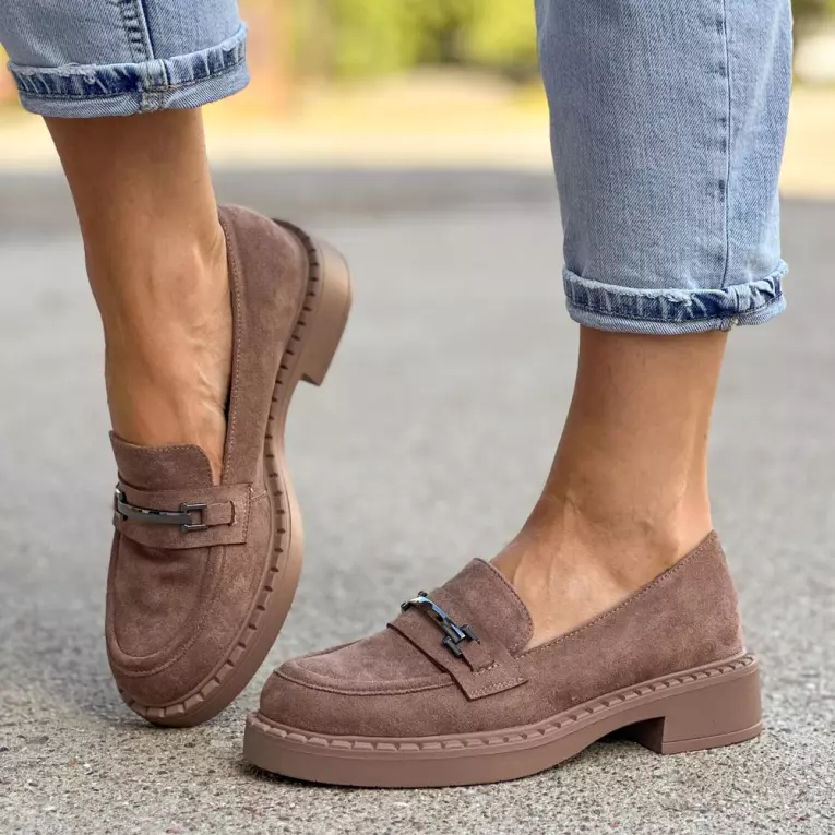 Khaki loafersy damskie, zamszowe mokasyny POTOCKI 12122