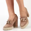 Skórzane POLSKIE mokasyny damskie na słupku, loafersy DEONI D495 CAPPUCCINO