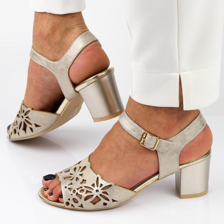 Złote sandały damskie na obcasie JEZZI 1954-6