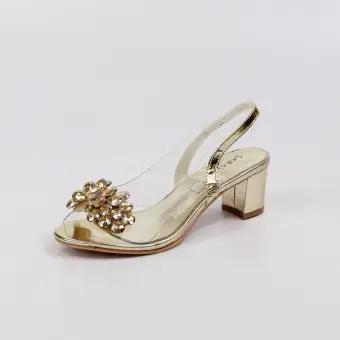 Złote silikonowe sandały damskie na obcasie z kryształami, transparentne Sabatina 2014-2