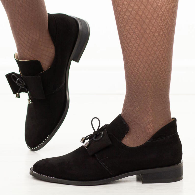 Czarne zamszowe skórzane Polskie półbuty damskie Deoni D055