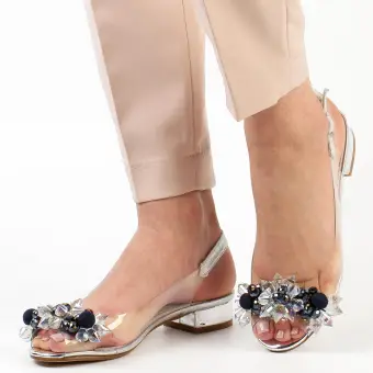 Srebrne silikonowe sandały damskie na obcasie z kryształami, transparentne Sabatina 380-9