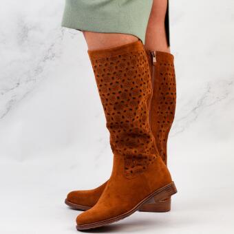 Jesienne ażurowe kozaki damskie S.Barski 66-100 Camel