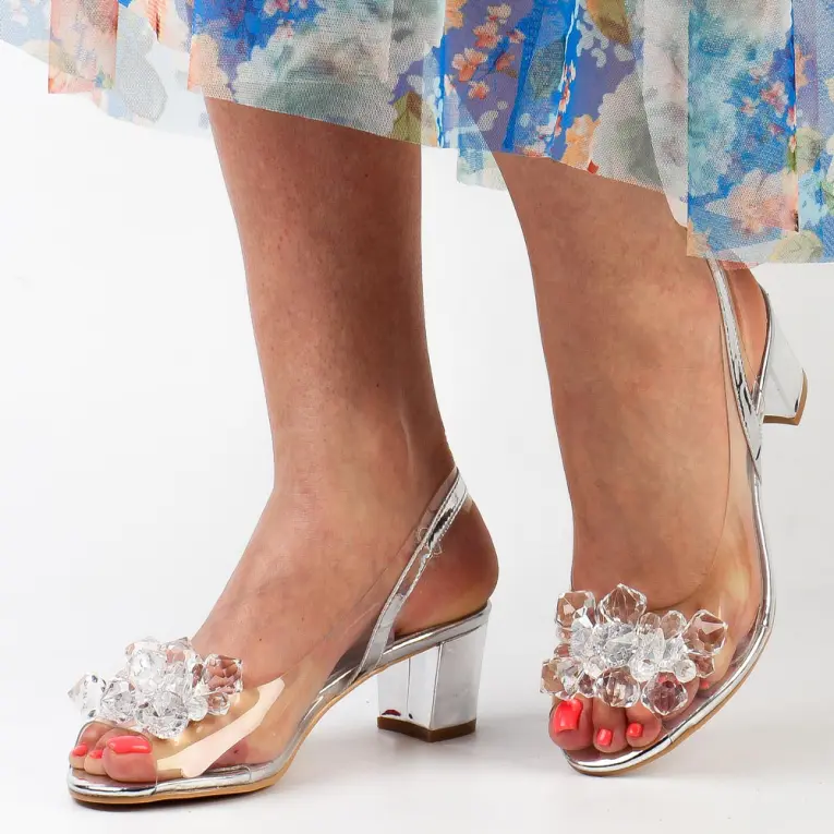 Srebrne silikonowe sandały damskie na obcasie z kryształami, transparentne SABATINA 2014-B