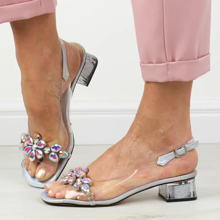 Multi silikonowe sandały damskie na obcasie z kryształami, transparentne Dia 38-W1
