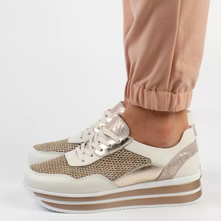 Złote skórzane sneakersy damskie S.BARSKI 21958