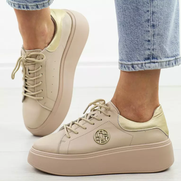 Beżowe skórzane sneakersy damskie na platformie Filippo Dp6058/25