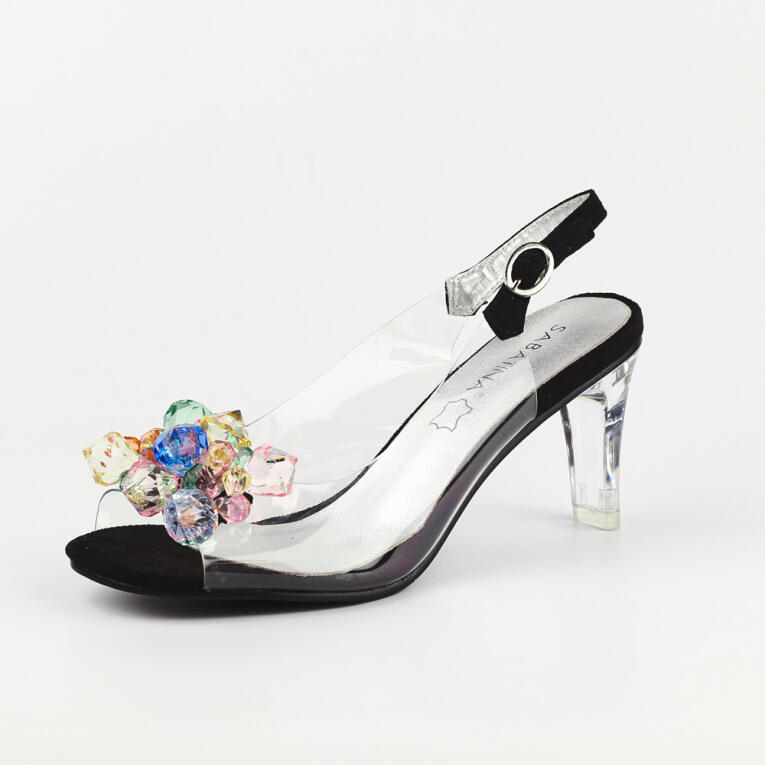 Czarne silikonowe sandały damskie na szpilce z kryształami, transparentne SABATINA T1014-B