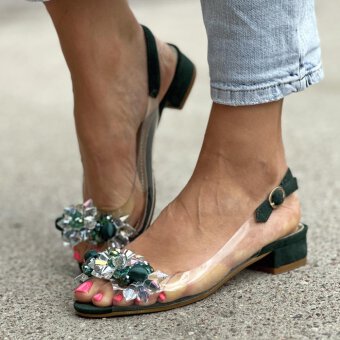 Zielone silikonowe sandały damskie na obcasie z kryształami, transparentne SABATINA 380-9