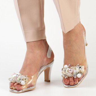 Srebrne silikonowe sandały damskie na szpilce z kryształami, transparentne SABATINA 1014-5