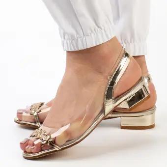 Złote silikonowe sandały damskie na obcasie, transparentne SABATINA 380-20