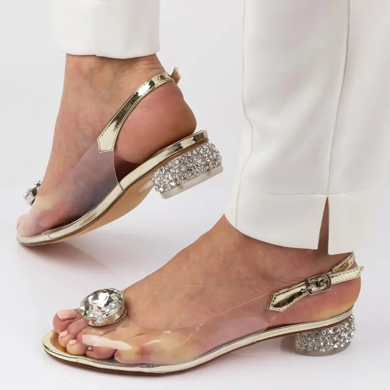Złote silikonowe sandały damskie na obcasie z kryształami, transparentne DiA MR-HY1