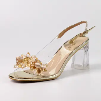 Złote silikonowe sandały damskie na słupku z kryształami, transparentne Dia Mr-c1