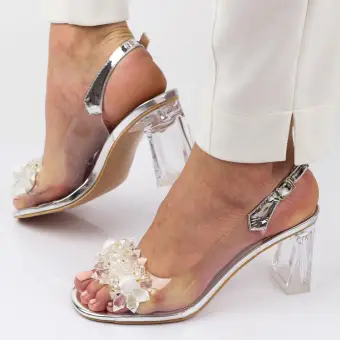 Srebrne silikonowe sandały damskie na słupku z kryształami, transparentne DiA Mr-c1