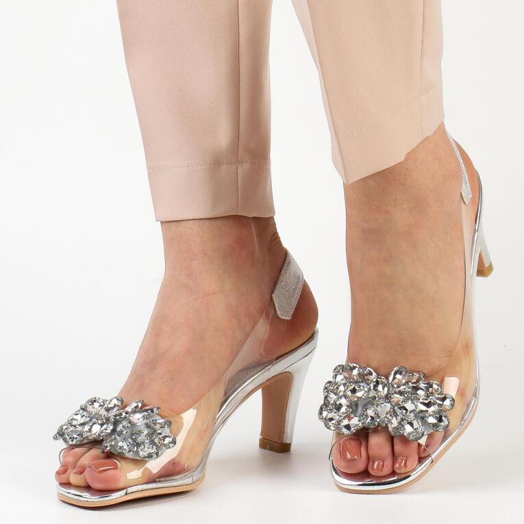 Srebrne silikonowe sandały damskie na szpilce, transparentne SABATINA 1014-2