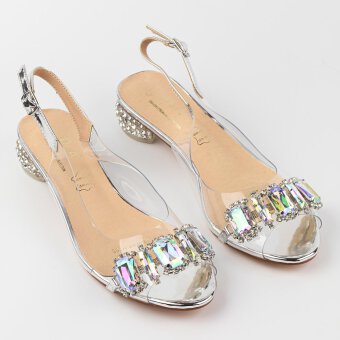 Srebrne silikonowe sandały damskie na obcasie z kryształami, transparentne DiA 1037-11