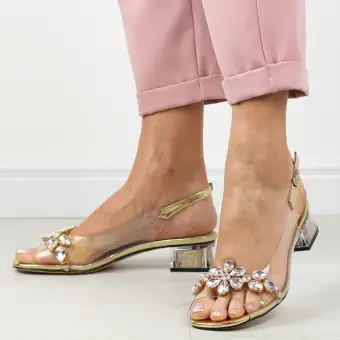Złote silikonowe sandały damskie na obcasie z kryształami, transparentne Dia 38-W1