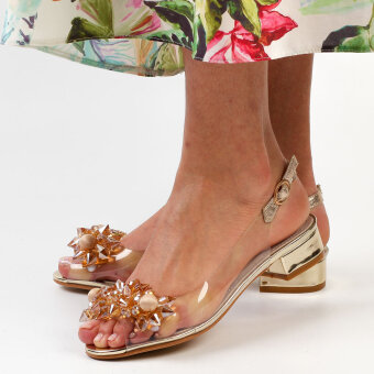 Złote silikonowe sandały damskie na obcasie, transparentne SABATINA 380-9