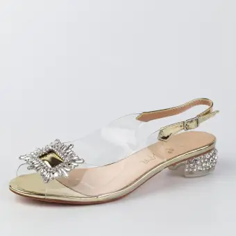 Złote silikonowe sandały damskie na obcasie z ozdobą, transparentne DiA 1037-05
